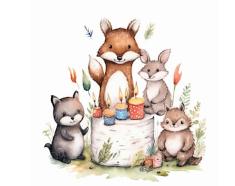 Aquarell Waldtiere Clipart, Fuchs Bär PNG (digitaler Download)