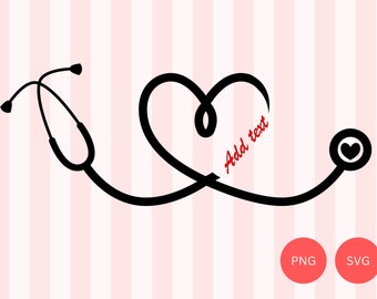 May include: Black and white silhouette of a stethoscope shaped into a heart with the text "Add text" in red. The stethoscope has a small heart at the end of the tube.