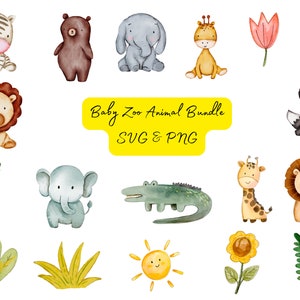 Baby Zoo Animals Watercolor Clipart - Cute Baby Shower Nursery Decor Birthday Baby Racoon Lion Giraffe Zebra Elephant Gator PNG SVG Download