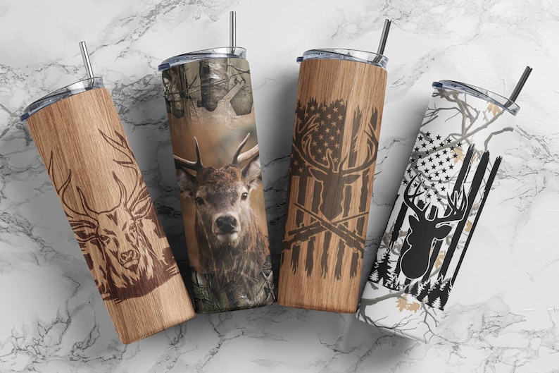 May include: Four different designs of stainless steel tumblers with a deer silhouette and camouflage patterns. The tumblers are all 20 ounces and have a double-wall insulated design.
