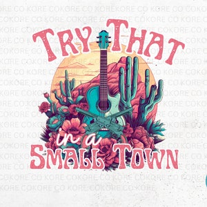 Może przedstawiać: Projekt graficzny z tekstem "Try That in a Small Town" w różowych i białych literach. Projekt zawiera błękitną gitarę akustyczną, różowe kwiaty i zielone kaktusy na tle zachodzącego słońca.