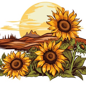 May include: A digital painting of a sunset landscape with three sunflowers in the foreground. The sunflowers are yellow with brown centers and green leaves. The landscape is brown and orange with a yellow sun in the background.