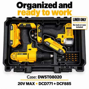 May include: A black plastic tool case liner with molded compartments for a 20V MAX drill, impact driver, two batteries, and bits. Text reads: Organized and ready to work, LINER ONLY, No tools or case included, Case: DWST08020, 20V MAX DCD771 + DCF885.