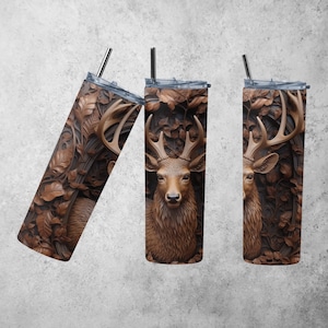 3D Wood Deer Hunting 20 oz Skinny Tumbler, Sublimation Design, Digital Download, Straight Tapered Tumbler Wrap PNG, Rustic Nature Design PNG