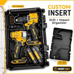 May include: A black plastic tool organizer case with a custom insert for a drill, impact driver, two batteries, and drill bits. The case features text reading CUSTOM INSERT, Drill + Impact Organizer, BIT STORAGE, and TOP TRAY INCLUDED.