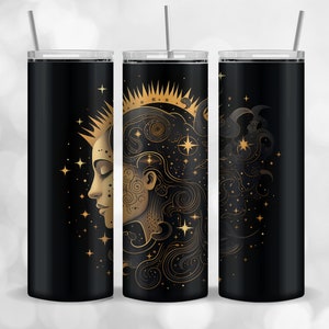 Celestial Witch Lady 20 oz Skinny Tumbler Wrap, Sublimation Design, Digital Download, Gold Moon Boho Celestial PNG Astrology