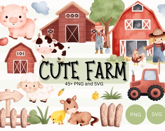 Cute Farm Clipart, Farm Animals Watercolor PNG & SNG  Digital Clipart, Farm Animals