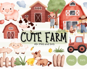 May include: Cute Farm is a collection of 45+ watercolor illustrations featuring farm animals, buildings, and objects. The illustrations are in a cartoon style and feature bright colors. The illustrations include a pig, cow, sheep, chicken, tractor, barn, and more.