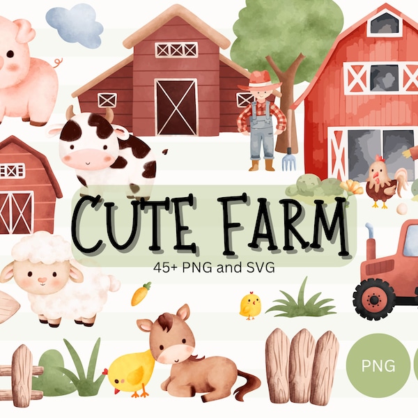 Cute Farm Clipart, Farm Animals Watercolor PNG & SNG  Digital Clipart, Farm Animals