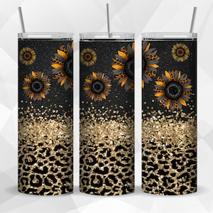 Sunflower Tumbler Designs, Glitter Leopard, 20oz Skinny Tumbler Wrap, Glitter Tumbler Template - PNG Digital Download