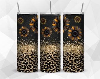 Solrosglasdesigner, glitterleopard, 20oz smalt glasomslag, glitterglasmall - PNG digital nedladdning