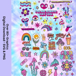 Paquete Trippy SVG, archivos SVG, hippie svg, groovy svg, moderno, retro, hippy, paz, psicodélico, amor, ácido svg paquete SVG, png, más de 80 diseños