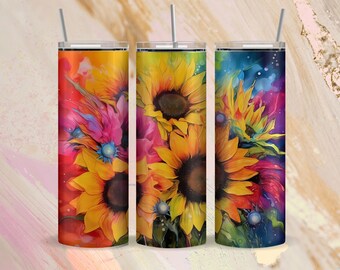 Alcohol Ink Sunflowers Cluster 20oz Sublimation Tumbler Designs, Neon Rainbow 9.2 x 8.3 Straight Skinny Tumbler Wrap PNG, Sublimation Design