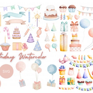 Geburtstagsparty Pastell Aquarell Clipart Bundle, 20 transparente PNG & SVG Geburtstag Kuchen, Luftballons, Cake Toppers, digitaler Download
