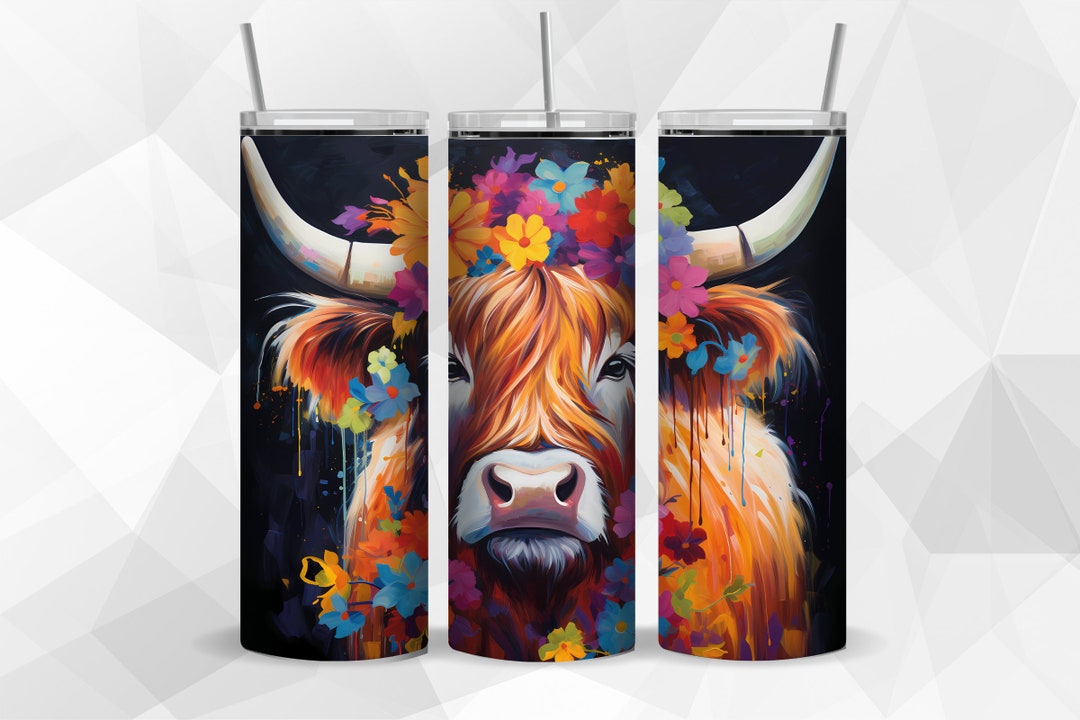 Highland Cow Flower Tumbler Wrap PNG, 20 Oz Skinny Tumbler Sublimation ...