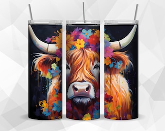 Highland Cow Flower Tumbler Wrap PNG, 20 oz Skinny Tumbler Sublimation Design, Instant Download