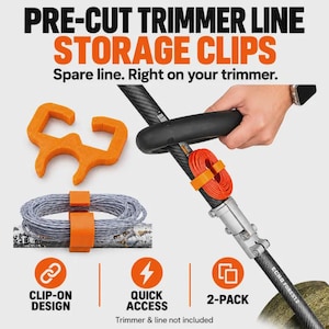May include: Orange plastic pre-cut trimmer line storage clips designed for quick access. The set includes two clips that attach directly to a trimmer shaft to hold spare line. Text on the image reads: PRE-CUT TRIMMER LINE STORAGE CLIPS.