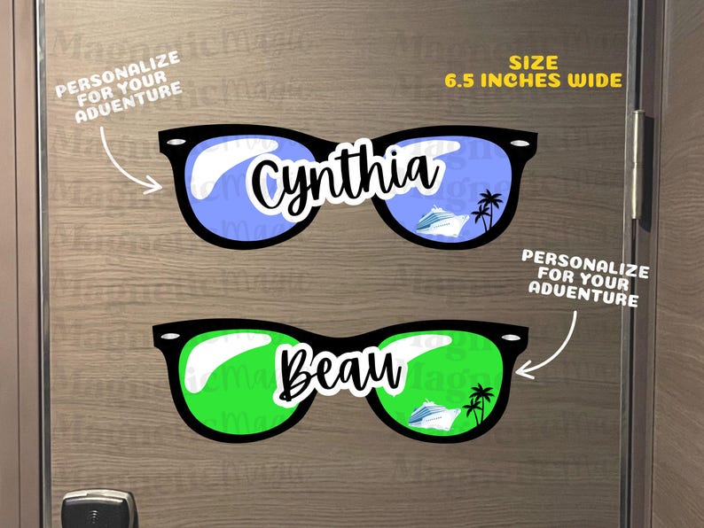 Puede incluir: Dos imanes con forma de gafas de sol, 16,5 cm de ancho, con monturas negras y lentes de colores. El par superior tiene lentes azules con el nombre Cynthia y un crucero. El par inferior tiene lentes verdes con el nombre Beau y un crucero.