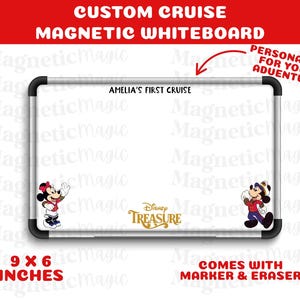 May include: A white magnetic whiteboard with black trim, featuring Minnie and Mickey Mouse illustrations. The board is labeled "Amelia's First Cruise" and measures 9 x 6 inches. Includes a marker and eraser. The text reads "Personalize for your adventure."