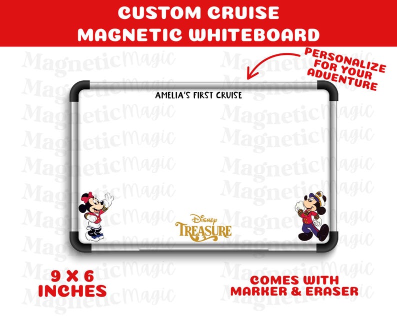 May include: A white magnetic whiteboard with black trim, featuring Minnie and Mickey Mouse illustrations. The board is labeled "Amelia's First Cruise" and measures 9 x 6 inches. Includes a marker and eraser. The text reads "Personalize for your adventure."