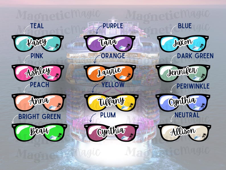 Puede incluir: Una colecci&oacute;n de once pares de gafas de sol con montura negra, cada una con un color de lente &uacute;nico que incluye verde azulado, morado, azul, rosa, naranja, verde oscuro, melocot&oacute;n, amarillo, b&iacute;garo, verde brillante y ciruela, con nombres impresos.