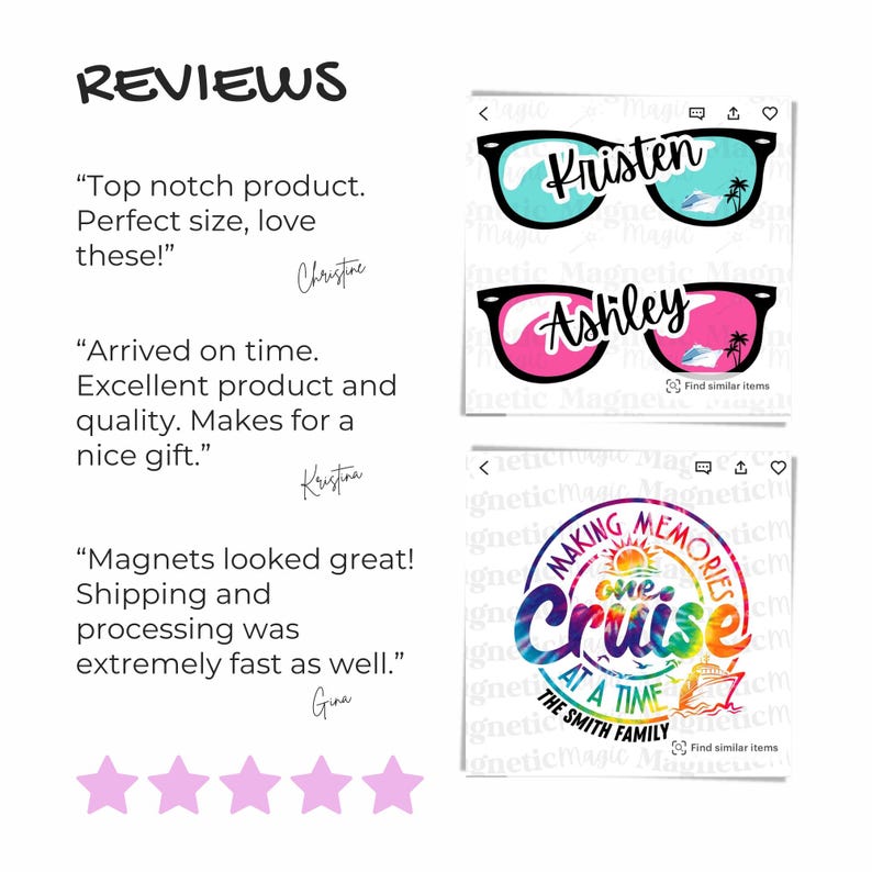 Puede incluir: Dos imanes rectangulares con dise&ntilde;os personalizados. El im&aacute;n superior muestra gafas de sol negras con los nombres Kristen y Ashley, palmeras y un crucero. El im&aacute;n inferior es circular con el texto Making Memories One Cruise At A Time en tie-dye.