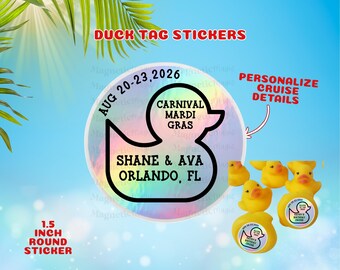 Personalized Duck Shaped Cruise Stickers | Holographic Vinyl Labels (1.5 Inch Round)