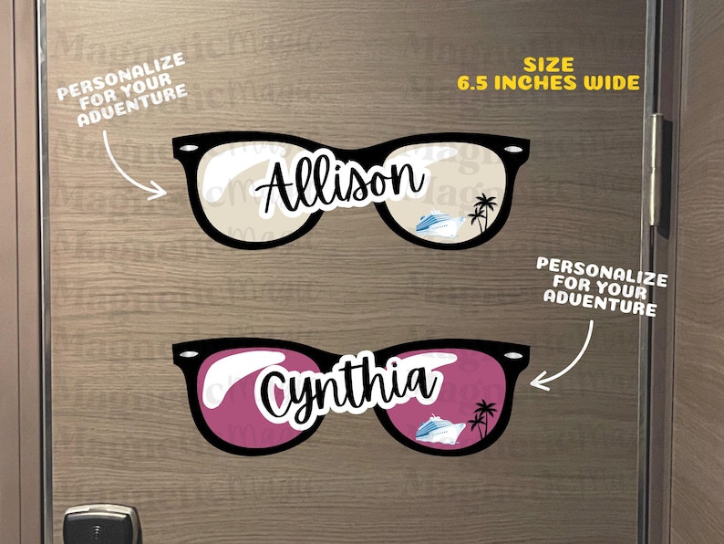Puede incluir: Dos imanes de gafas de sol con montura negra, 16,51 cm de ancho, con los nombres Allison y Cynthia en letra blanca. Cada lente muestra un crucero y una palmera. Texto: PERSONALIZE FOR YOUR ADVENTURE. SIZE 6.5 INCHES WIDE.