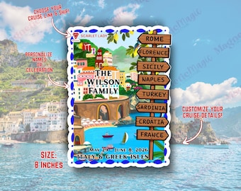 Cartel para la puerta del crucero por las islas italianas y griegas / Imán para el itinerario del camarote / Imán para el puerto de escala de Santorini en el Mediterráneo / Europa / Cualquier línea de cruceros