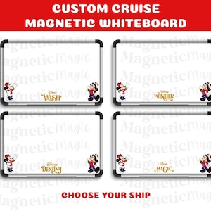 May include: Four white magnetic whiteboards with black frames. Each board features a Disney character and the words "WISH", "WONDER", "DESTINY", and "MAGIC". The top banner reads "CUSTOM CRUISE MAGNETIC WHITEBOARD".