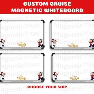 May include: Four white magnetic whiteboards with black frames. Each board features a Disney character and a gold-colored word: Fantasy, Adventure, Dream, and Treasure. The top banner reads "CUSTOM CRUISE MAGNETIC WHITEBOARD".