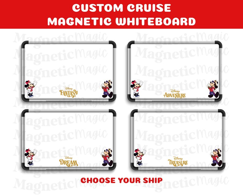 May include: Four white magnetic whiteboards with black frames. Each board features a Disney character and a gold-colored word: Fantasy, Adventure, Dream, and Treasure. The top banner reads "CUSTOM CRUISE MAGNETIC WHITEBOARD".