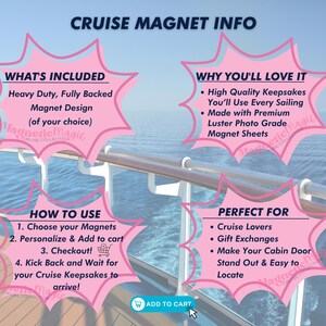 Puede incluir: Un gr&aacute;fico informativo titulado CRUISE MAGNET INFO con cuatro cuadros de texto rosados en forma de estrella. El texto detalla WHAT'S INCLUDED, WHY YOU'LL LOVE IT, HOW TO USE y PERFECT FOR, junto a un bot&oacute;n azul ADD TO CART con un cursor.