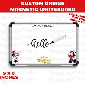 May include: A white magnetic whiteboard with a black frame, featuring the word "hello" in cursive and a drawing of a pen. Includes Minnie and Mickey Mouse characters. The whiteboard measures 9 x 6 inches.