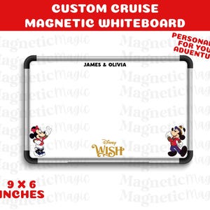 May include: A white magnetic whiteboard with black trim, featuring the text "CUSTOM CRUISE MAGNETIC WHITEBOARD". It includes the names "JAMES & OLIVIA" and Disney characters. The whiteboard measures 9 x 6 inches.