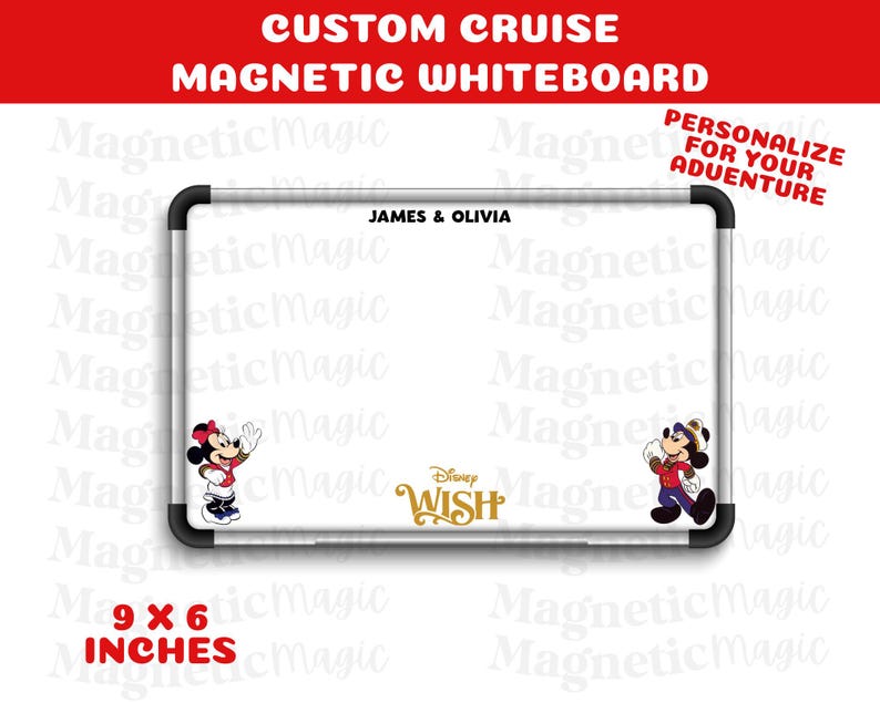 May include: A white magnetic whiteboard with black trim, featuring the text "CUSTOM CRUISE MAGNETIC WHITEBOARD". It includes the names "JAMES & OLIVIA" and Disney characters. The whiteboard measures 9 x 6 inches.