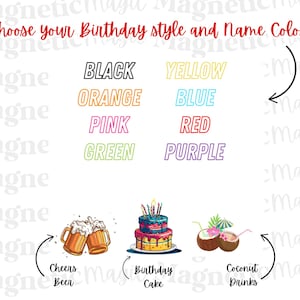 Może przedstawiać: Tabela personalizacji z tekstem Choose your Birthday style and Name Color! oraz opcjami kolor&oacute;w: czarny, ż&oacute;łty, pomarańczowy, niebieski, r&oacute;żowy, czerwony, zielony i fioletowy. Poniżej znajdują się trzy ikony stylu: Cheers Beer, Birthday Cake i Coconut Drinks.