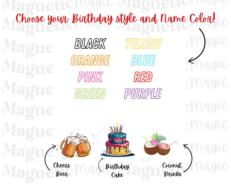 Może przedstawiać: Tabela personalizacji z tekstem Choose your Birthday style and Name Color! oraz opcjami kolor&oacute;w: czarny, ż&oacute;łty, pomarańczowy, niebieski, r&oacute;żowy, czerwony, zielony i fioletowy. Poniżej znajdują się trzy ikony stylu: Cheers Beer, Birthday Cake i Coconut Drinks.