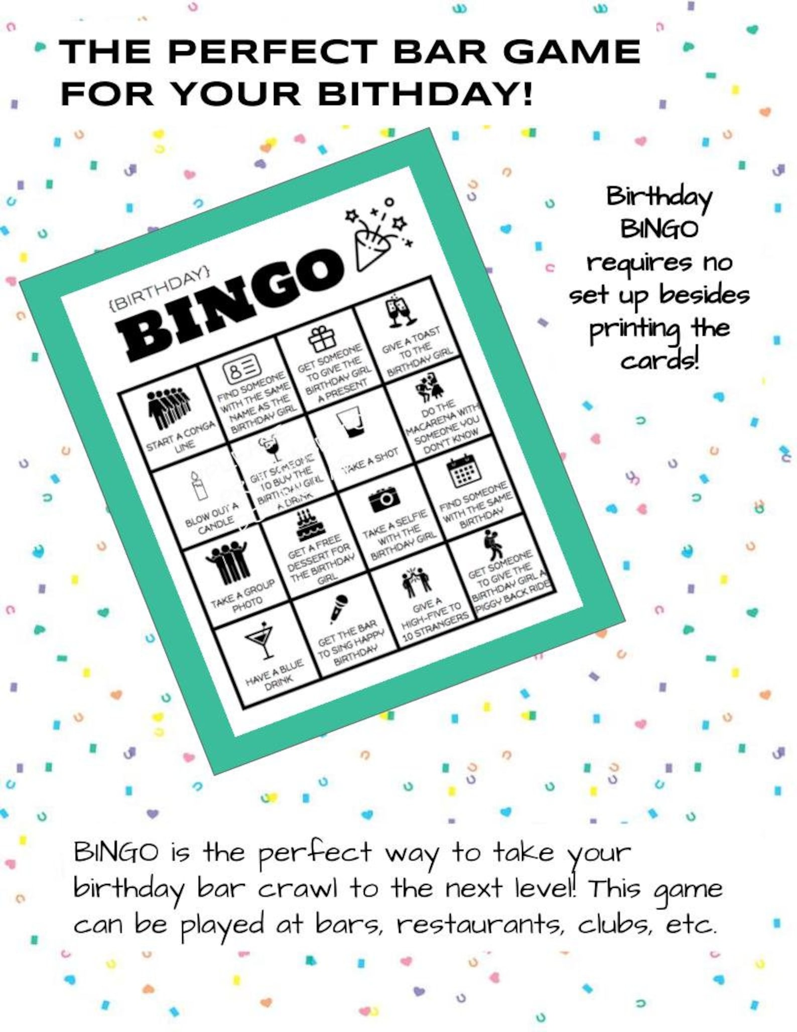 Birthday Bar Crawl BINGO Birthday Bar Games Birthday Party Game Etsy