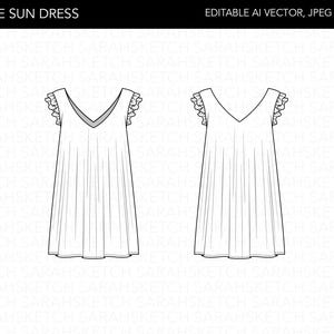 Ruffle Sun Dress | Flat Sketch Technical Drawing | AI Vector, JPEG, PDF