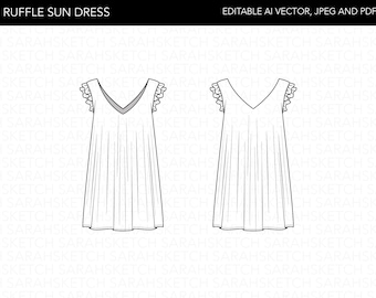 Ruffle Sun Dress | Flat Sketch Technical Drawing | AI Vector, JPEG, PDF