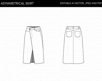 Falda asimétrica / Dibujo técnico de boceto plano / AI Vector, JPEG, PDF