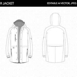 May include: A white winter jacket with a hood and zipper closure. The jacket has two pockets on the front and two pockets on the sides. The jacket is unlined and has a black zipper.