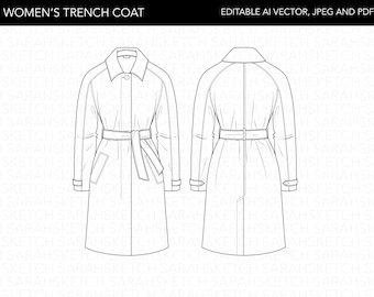 Trench Coat | Flat Sketch Technical Drawing | AI Vector, JPEG, PDF