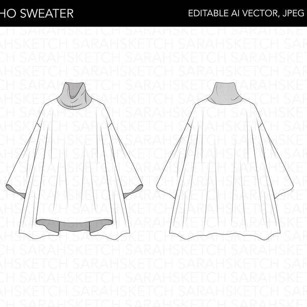 Poncho Sweater | Flat Sketch Technical Drawing | AI Vector, JPEG, PDF