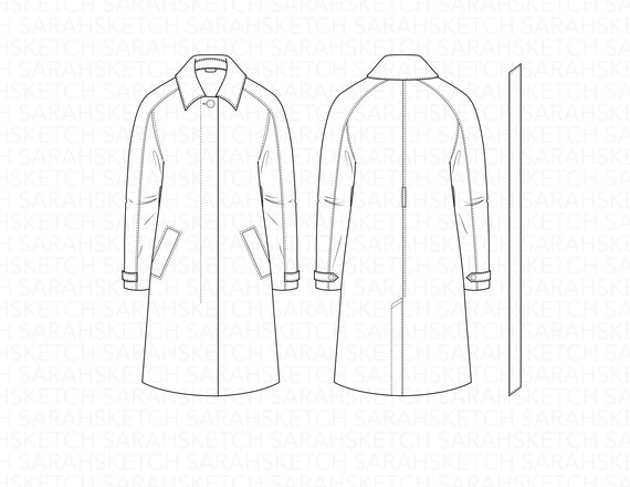 新品★ LITTLE FLARE LINE ART LONG COAT Trench Coat | Flat Sketch Technical Drawing | AI Vector, JPEG, PDF