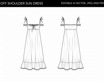 Off Shoulder Sun Dress | Flat Sketch Technical Drawing | AI Vector, JPEG, PDF