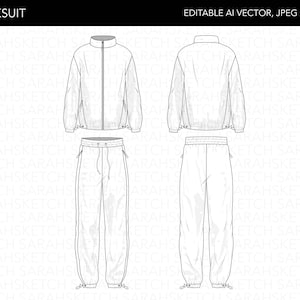 May include: A line drawing of a tracksuit with a zippered jacket and pants. The jacket has a high collar and long sleeves. The pants have a drawstring waistband and a straight leg.