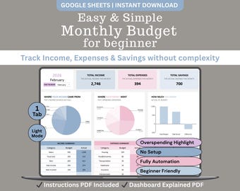 Budget mensuel le flux quotidien Tableau de bord Débutants Google Sheets Planner Comparaison automatique des dépenses Téléchargement numérique