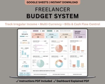 Tableau de bord budgétaire des pigistes Google Sheets | Suivi des revenus et des dépenses multidevises | Modèle de feuille de calcul budgétaire mensuel